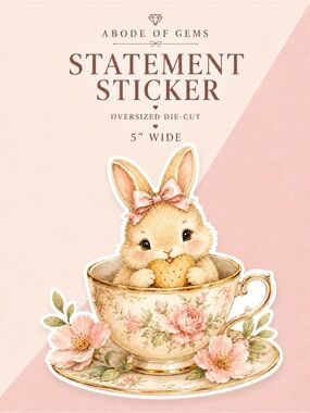 🆕 2/$18 💌 Vintage Cottage Bunny in Floral Cup Oversized Sticker 5” Die-Cut